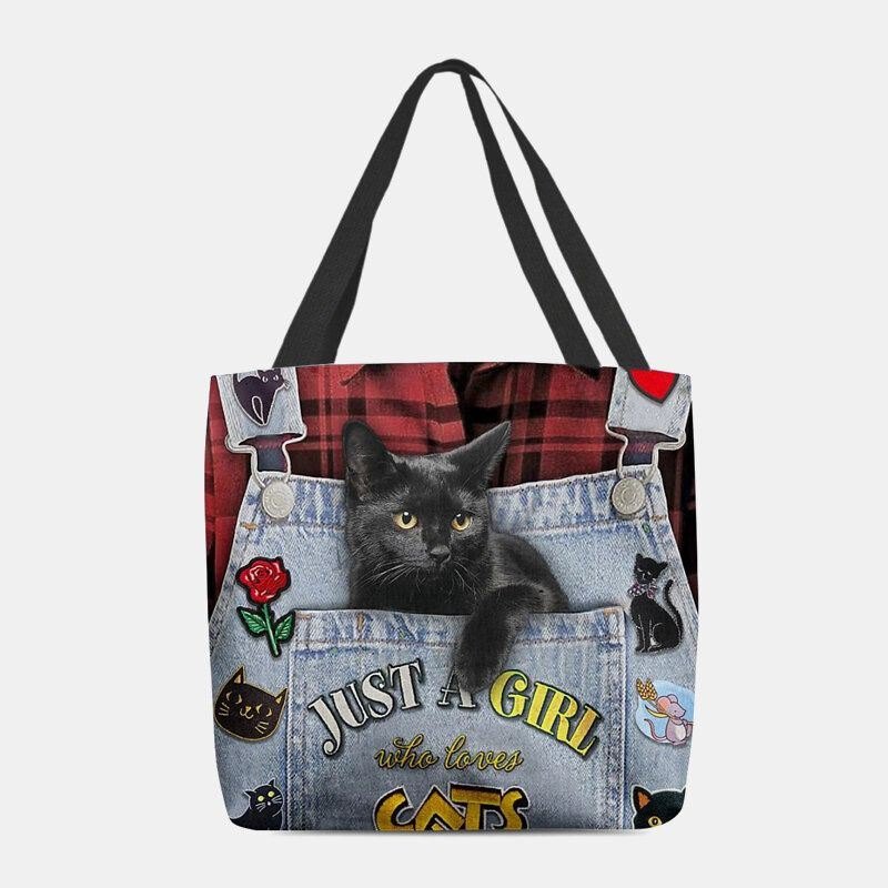 Dame Lerret Tredimensjonal 3d Cute Black Cat Handbag Tote Skulderveske