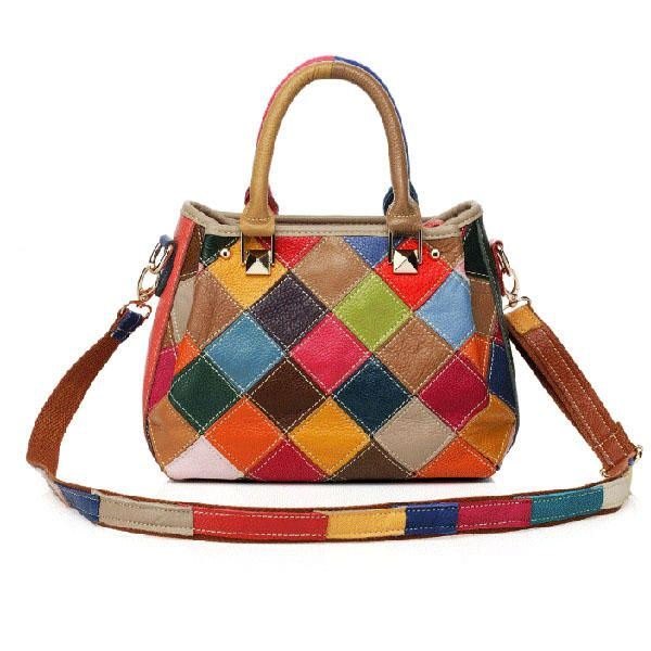 Dame Patchwork Kuskinn Fargerik Handbag Tote Handbag Crossbody Bag