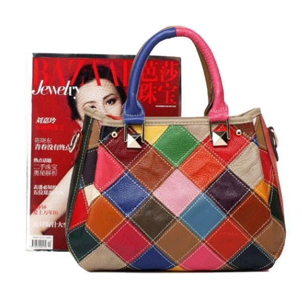 Dame Patchwork Kuskinn Fargerik Handbag Tote Handbag Crossbody Bag