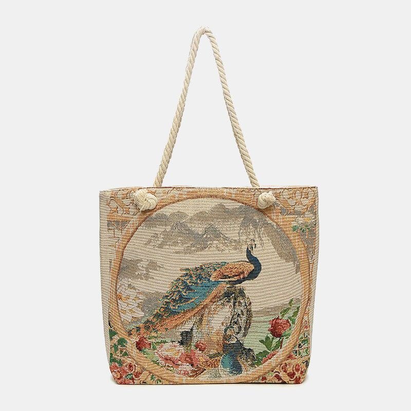 Dame Peacock Printed Canvas Tote Bag Hangbag