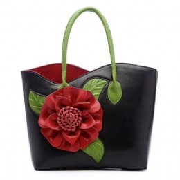 Dame Pu Skinn Blomsterdekorasjon Elegant Veske Sling Bag Nasjonal Stil Tote Bag