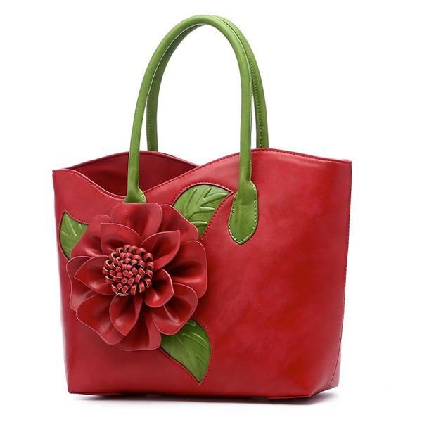 Dame Pu Skinn Blomsterdekorasjon Elegant Veske Sling Bag Nasjonal Stil Tote Bag