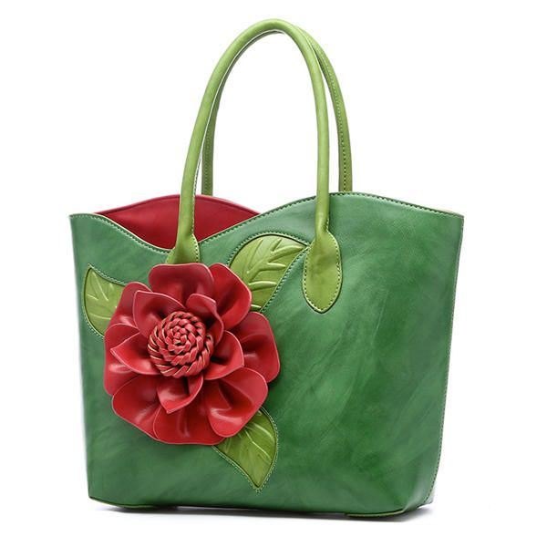 Dame Pu Skinn Blomsterdekorasjon Elegant Veske Sling Bag Nasjonal Stil Tote Bag