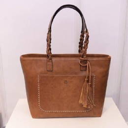 Dame Solid Faux Leather Tassel Tote Bag Stor Kapasitet