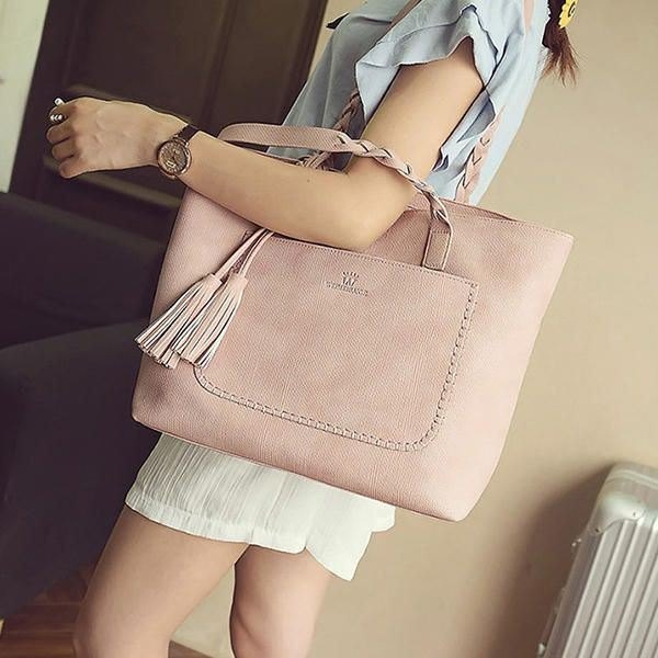 Dame Solid Faux Leather Tassel Tote Bag Stor Kapasitet