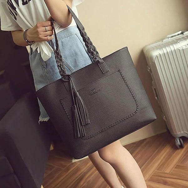 Dame Solid Faux Leather Tassel Tote Bag Stor Kapasitet