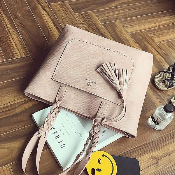 Dame Solid Faux Leather Tassel Tote Bag Stor Kapasitet