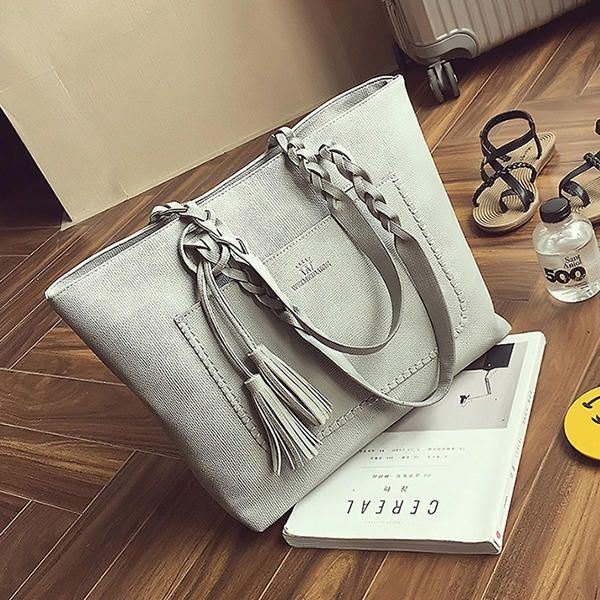 Dame Solid Faux Leather Tassel Tote Bag Stor Kapasitet