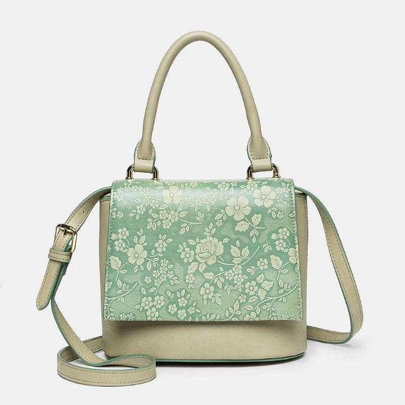 Dame Vintage Ekte Skinn Floral Håndveske Crossbody Bag Skulderveske