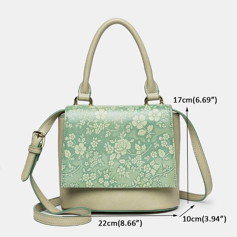 Dame Vintage Ekte Skinn Floral Håndveske Crossbody Bag Skulderveske