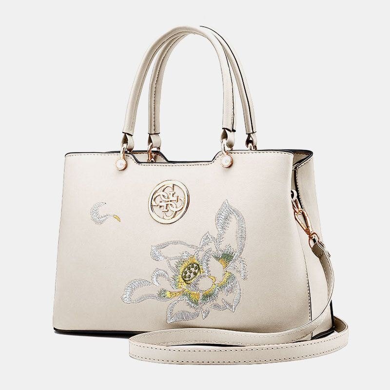 Dame Vintage Kinesisk Stil Gardenia Flower Brodered Handbag Stor Kapasitet Multi-lomme Multi-bære Pu Leahter Crossbody Bag