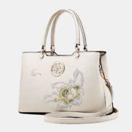 Dame Vintage Kinesisk Stil Gardenia Flower Brodered Handbag Stor Kapasitet Multi-lomme Multi-bære Pu Leahter Crossbody Bag