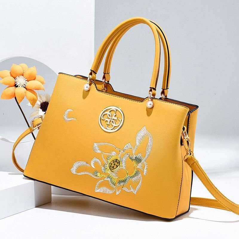 Dame Vintage Kinesisk Stil Gardenia Flower Brodered Handbag Stor Kapasitet Multi-lomme Multi-bære Pu Leahter Crossbody Bag