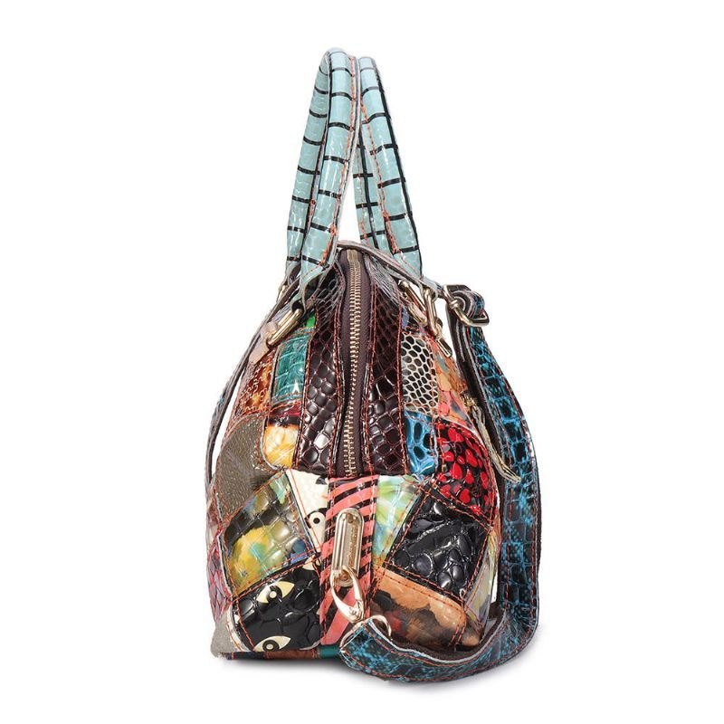 Ekte Lær Bohemian Floral Handbag For Kvinner