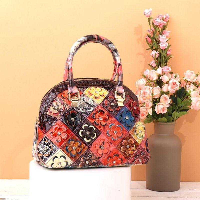 Ekte Lær Bohemian Floral Handbag For Kvinner