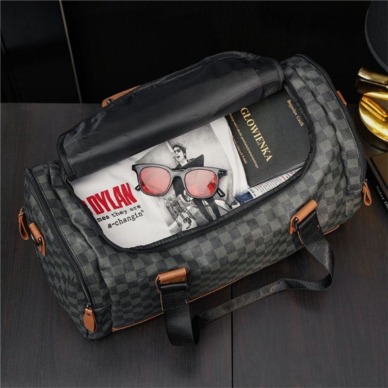 Herre Pu Skinn Rutete Mønster Multifunksjons Håndveske Mote Multi-lomme Reiseveske Fitness Bag Crossbody Bag Skulderveske