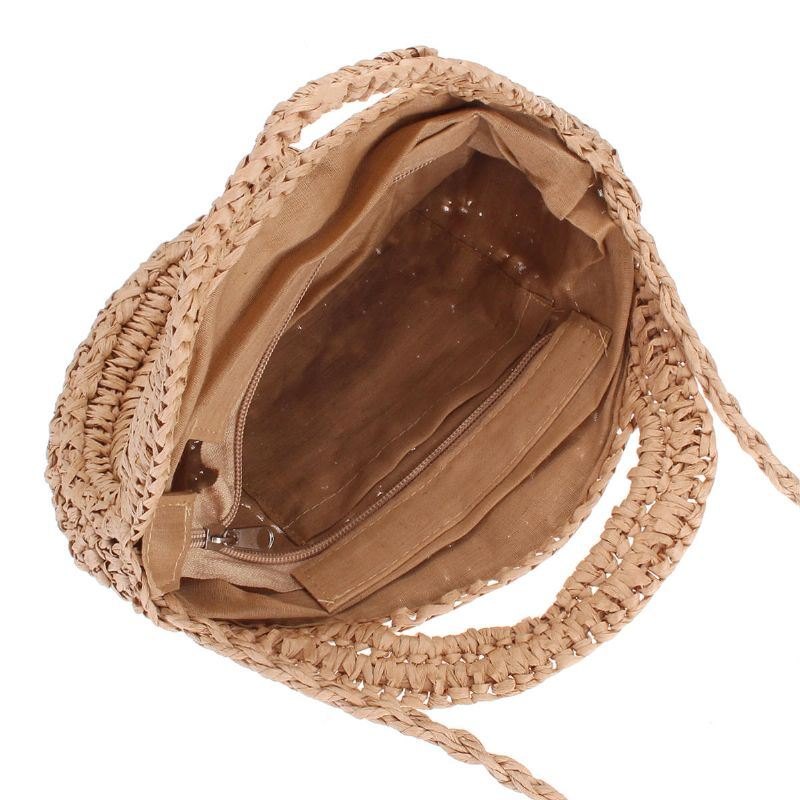 Rund Stråveske Beige Hvit Dame Rattan Circle Håndvevd Skulderveske Crossbody Bag