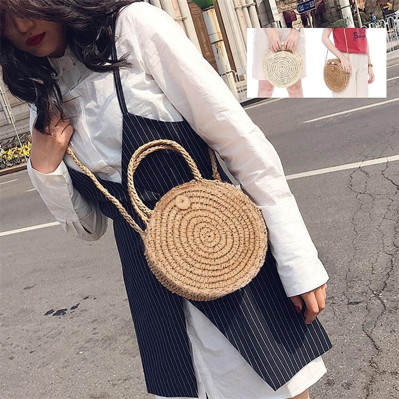 Rund Stråveske Beige Hvit Dame Rattan Circle Håndvevd Skulderveske Crossbody Bag