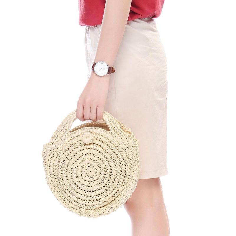 Rund Stråveske Beige Hvit Dame Rattan Circle Håndvevd Skulderveske Crossbody Bag