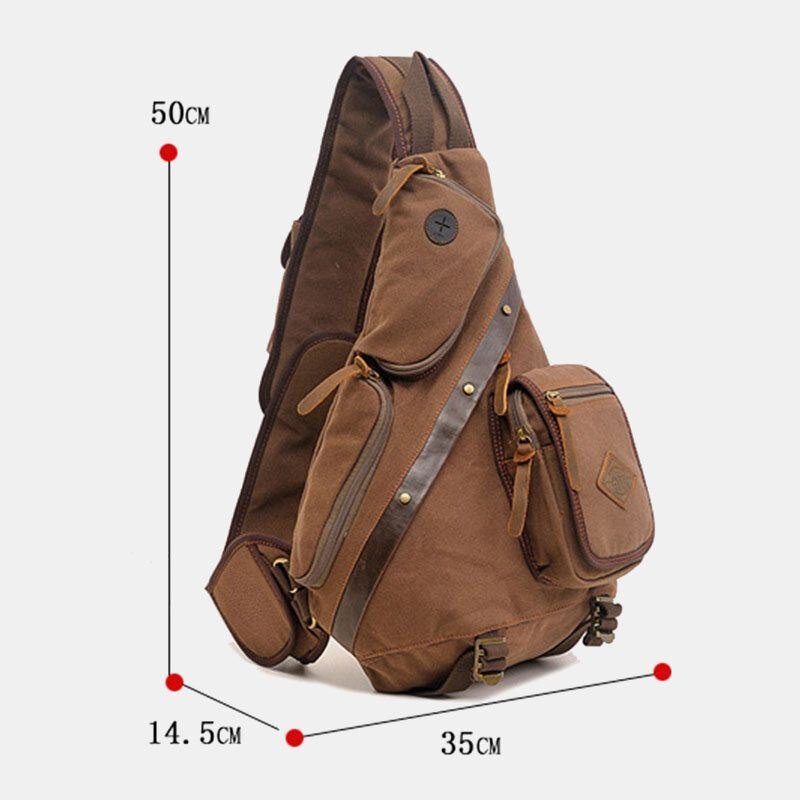 Herre Ekte Lær Og Lerret Reise Utendørs Bæreveske Multi-lomme Crossbody Bag Brystveske