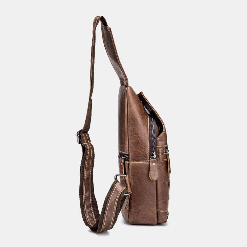 Herre Ekte Skinn Multi-lomme Anti-tyveri Slitasjebestandig Vintage Casual Crossbody Bag Brystveske