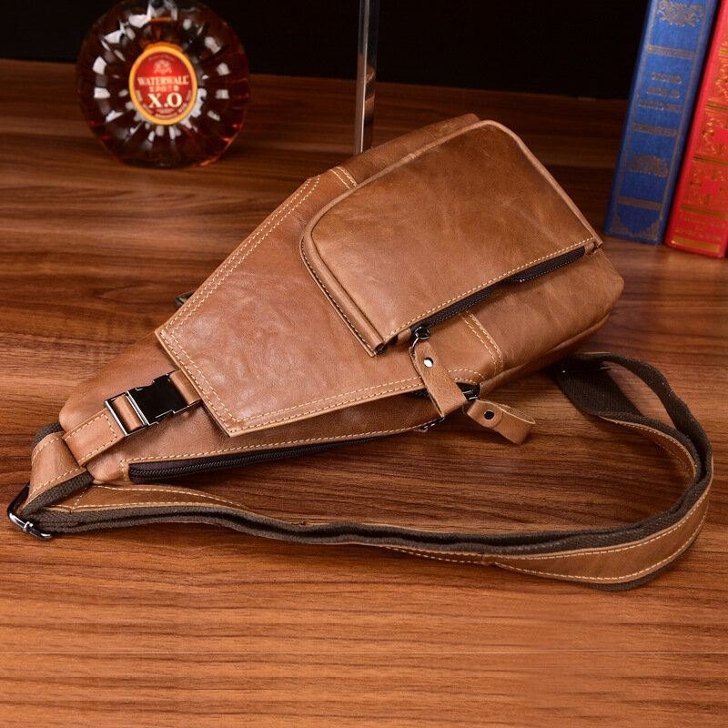 Herre Ekte Skinn Multipocket Anti-tyveri Brystveske Retro Wear Vanntett Crossbody Bag