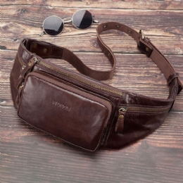 Herre Ekte Skinn Retro Sport Utendørs Multi-bære Brystveske Slyngeveske Crossbody Bag Midjeveske