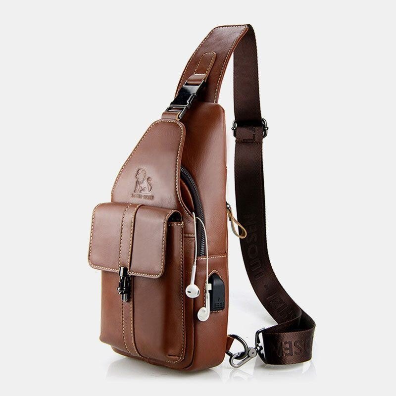 Herre Ekte Skinn Usb-lading Retro Casual Kuskinn Brystveske Sling Bag Crossbody Bag