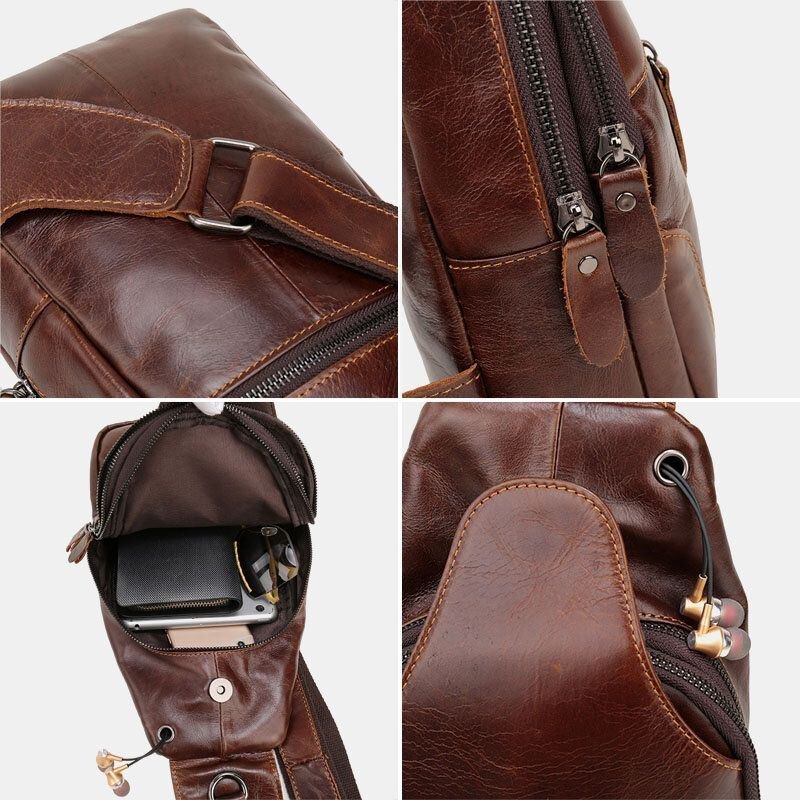 Herre Første Lag Kuskinn Retro Multi-lomme Hodetelefon Hull Design Brystveske Crossbody Bag