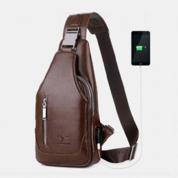 Herre Pu Leather Business Casual Utendørs Vanntett Multi-bære Skulderveske Crossbody Bag Brystveske Med Usb-lading