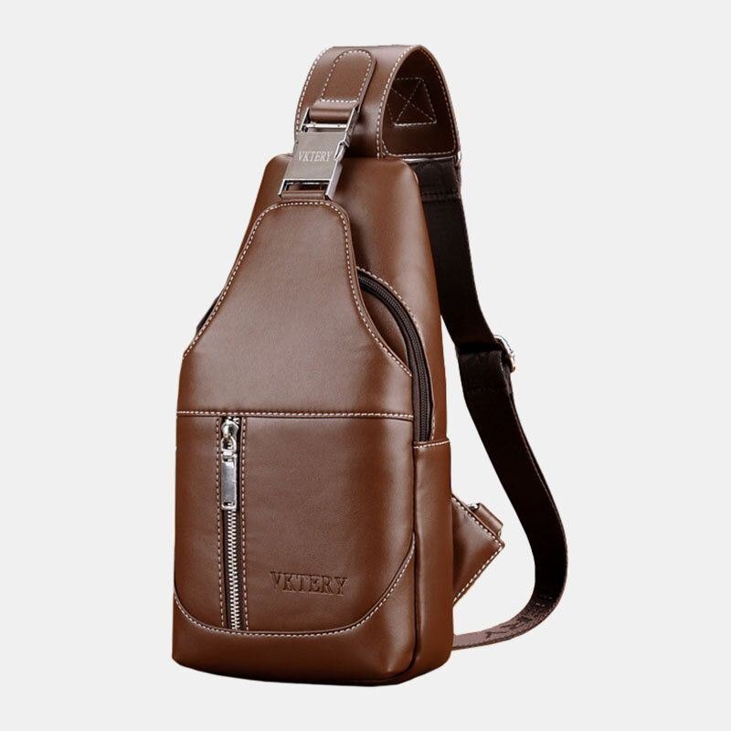 Herre Pu Leather Casual Multifunksjon Øretelefon Hull Crossbody Bag Brystveske