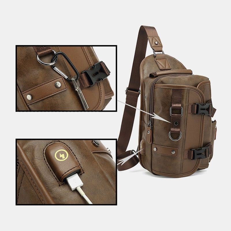 Herre Pu Skinn Vintage Multifunksjon Øretelefon Hull Usb Lading Crossbody Bag Bryst Bag Sling Bag