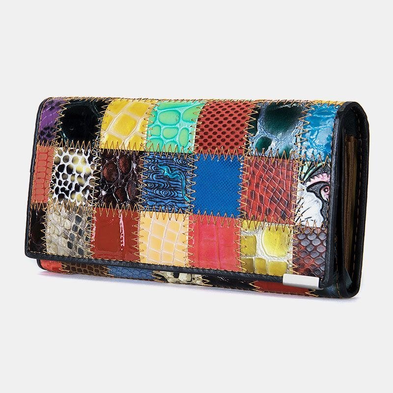 Dame Ekte Skinn Bifold Farget Geometrisk Mønster Multi-card Slot Card Case Pengeklipp Myntveske Lange Clutch Lommebøker