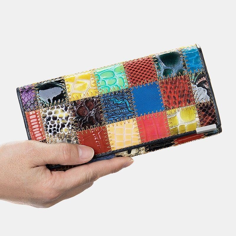 Dame Ekte Skinn Bifold Farget Geometrisk Mønster Multi-card Slot Card Case Pengeklipp Myntveske Lange Clutch Lommebøker