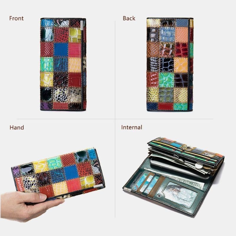 Dame Ekte Skinn Bifold Farget Geometrisk Mønster Multi-card Slot Card Case Pengeklipp Myntveske Lange Clutch Lommebøker