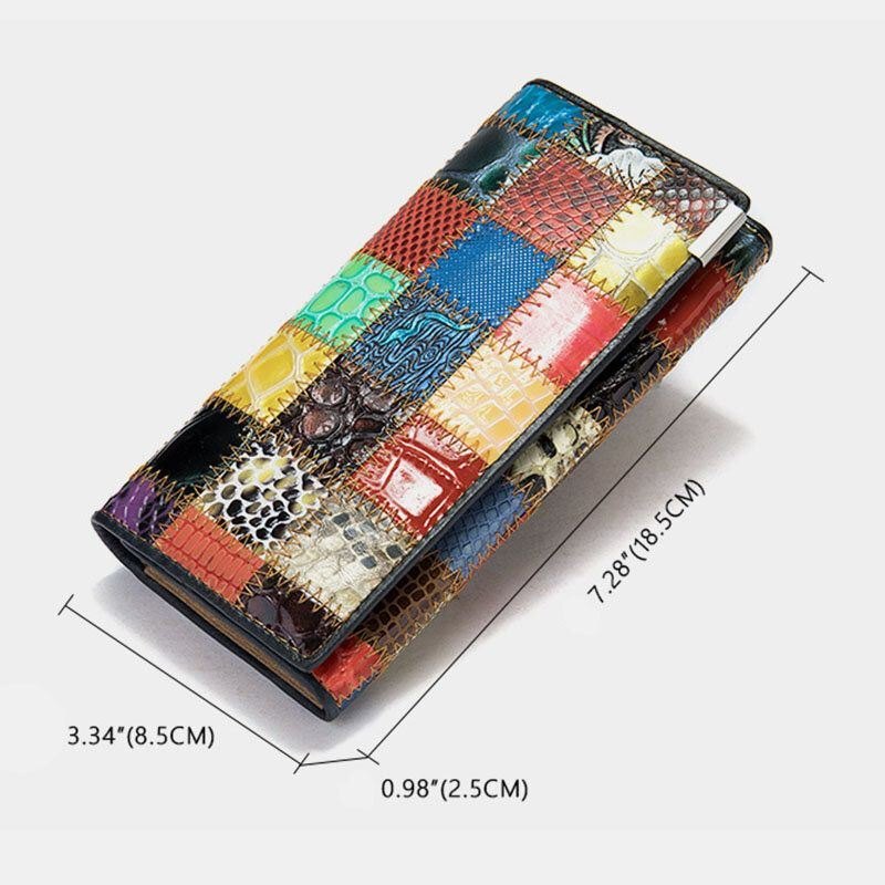 Dame Ekte Skinn Bifold Farget Geometrisk Mønster Multi-card Slot Card Case Pengeklipp Myntveske Lange Clutch Lommebøker