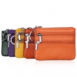 Dame Ekte Skinn Dobbel Glidelås Kortholder Clutch Lommebok Candy Color Myntposer