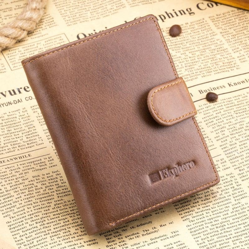 Herre Bifold Kort Lommebok Vintage Ekte Skinn Multi-card Slot Kortholder Hasp Mynt Bag