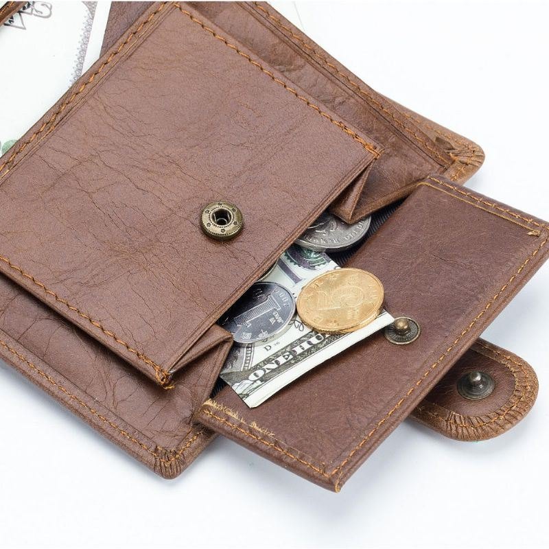 Herre Bifold Kort Lommebok Vintage Ekte Skinn Multi-card Slot Kortholder Hasp Mynt Bag