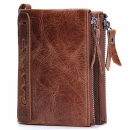 Herre Ekte Skinn Bifold Hasp Multi-card Slot Kortholder Retro Dobbel Glidelås Lomme Mynt Veske Kort Pengeklips Lommebok