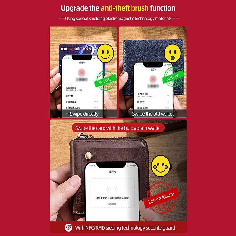 Herre Ekte Skinn Multifunksjon Bifold Glidelås Lommebøker Anti-magnetisk Multi-kort Spor Kortholder Myntpung