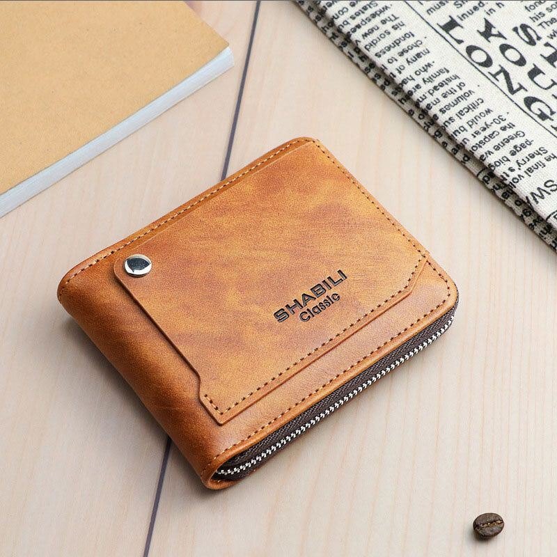 Herre Kunstskinn Retro Klassisk Draw Card Slot Bifold Zipepr Kortholder Lommebok