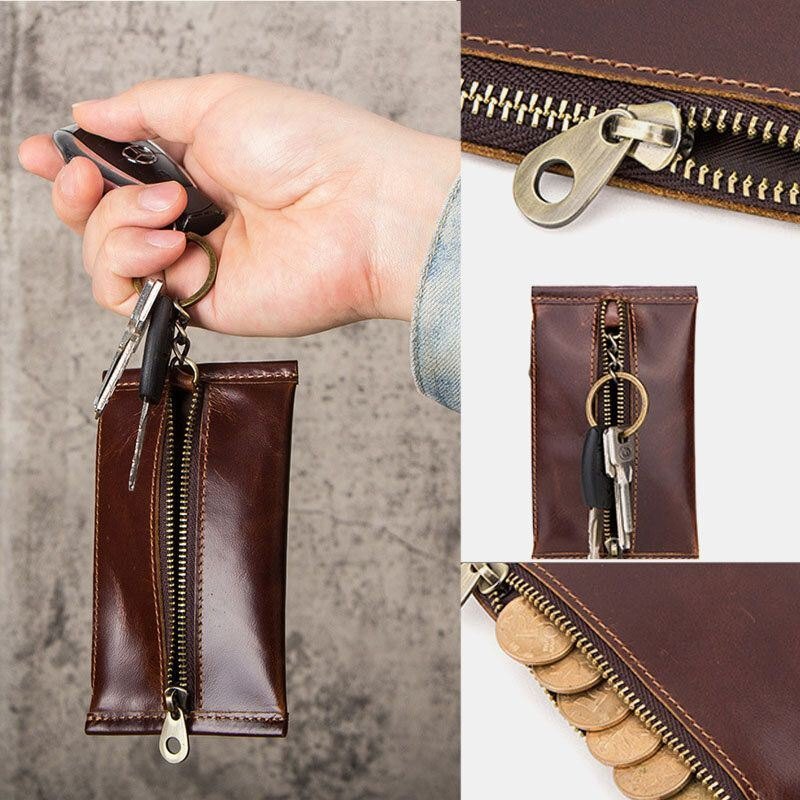 Herre Slim Key Genuine Leather Glidelås Mynt Lommebok