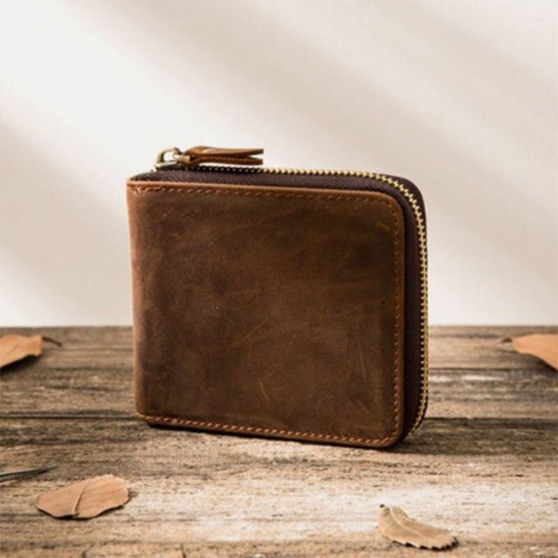 Herre Vintage Ekte Skinn Glidelås Rundt Cardwallet Holder Myntveske