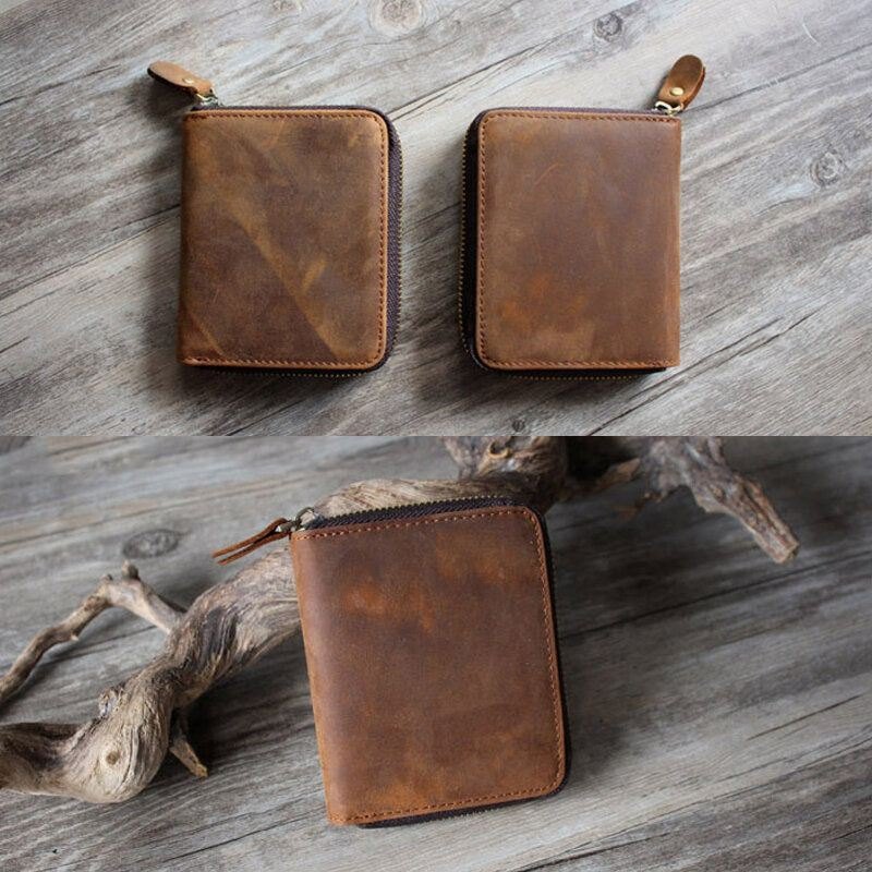 Herre Vintage Ekte Skinn Glidelås Rundt Cardwallet Holder Myntveske