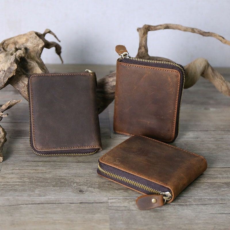 Herre Vintage Ekte Skinn Glidelås Rundt Cardwallet Holder Myntveske