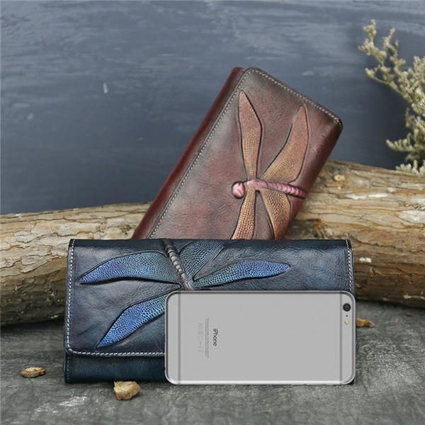 National Style Genuine Leather Trifold Lang Lommebok Kortholder Telefonveske Veske For Kvinner