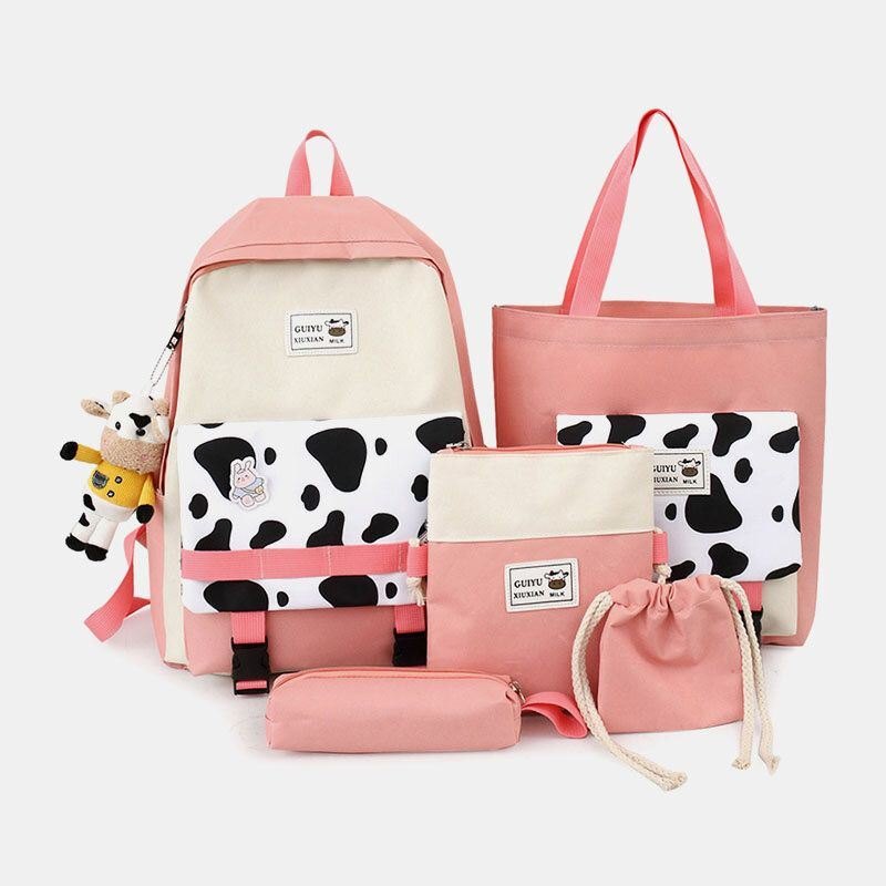 Dame 5 Stk Canvas Preppy Cow Pattern Multifunksjon Combination Bag Ryggsekk Tote Crossbody Bag Clutch Lommebok