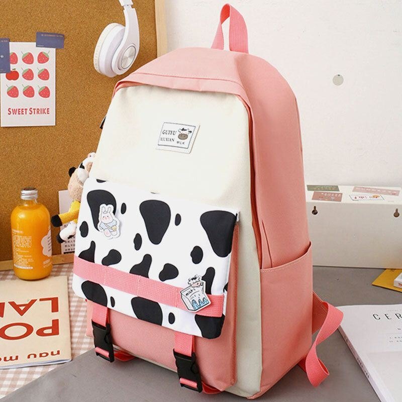 Dame 5 Stk Canvas Preppy Cow Pattern Multifunksjon Combination Bag Ryggsekk Tote Crossbody Bag Clutch Lommebok