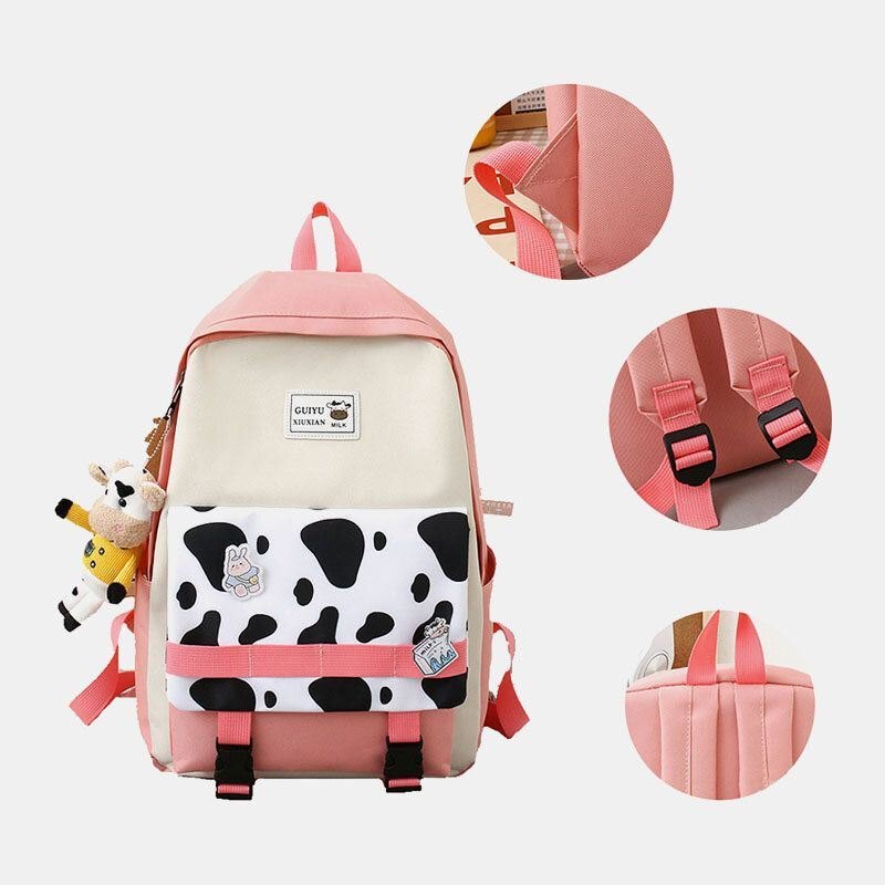 Dame 5 Stk Canvas Preppy Cow Pattern Multifunksjon Combination Bag Ryggsekk Tote Crossbody Bag Clutch Lommebok